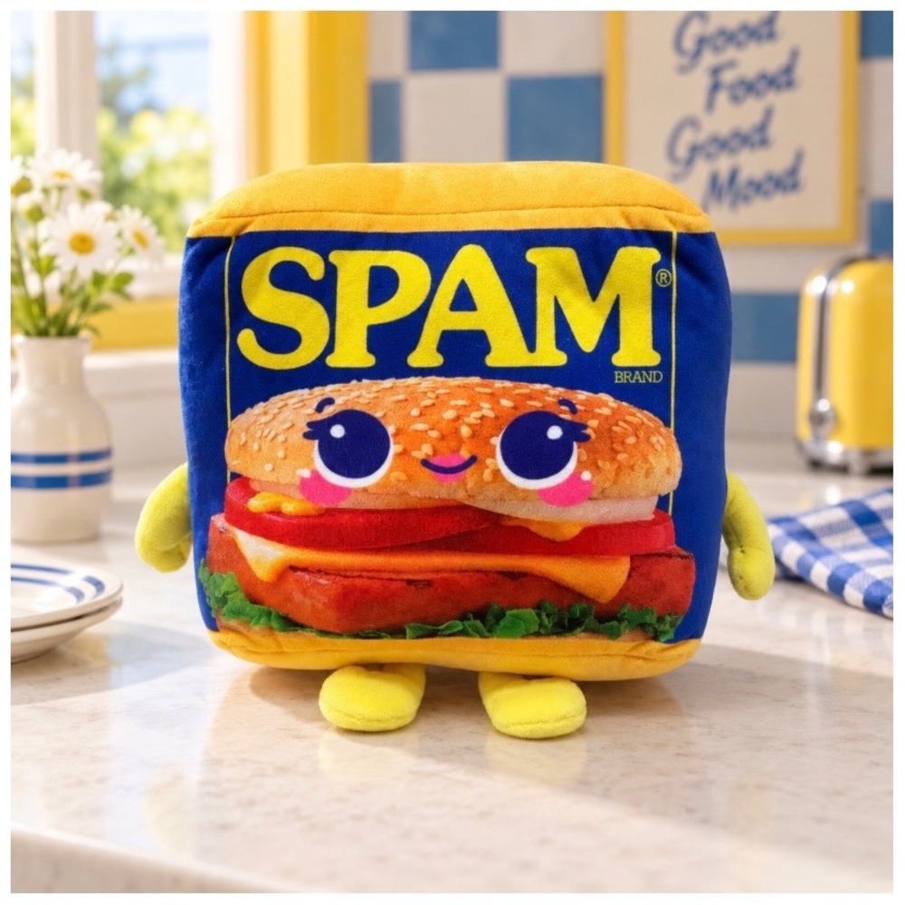 SPAM Brand Burger Plush Stuffed Toy Fiesta Blue Yellow Kawaii Collectible 8x10